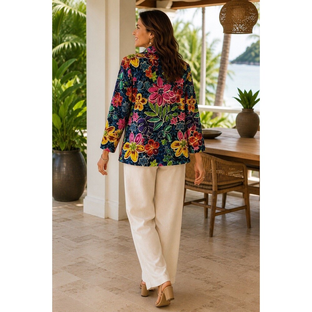 Chico’s Design 100% Silk Slub Floral Beaded Jacket Blue Multicolor Size 1 - Picture 6 of 11